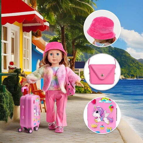 18 inch Doll Clothes and Accessories - Doll Travel Suitcase Luggage, Clothes and Shoes, Bag, Sunglasses, Camera, Passport, Notebook, Phone, pad Travel Gear Play Set(No Doll) in Kuwait
