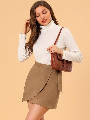 Allegra K Women's Mini Short Wrap Tie Waisted A-Line Faux Suede Skirt in Kuwait