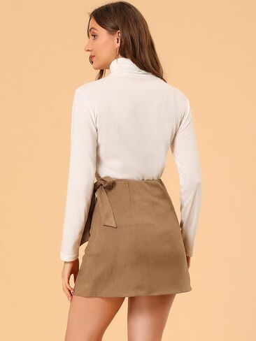 Allegra K Women's Mini Short Wrap Tie Waisted A-Line Faux Suede Skirt in Kuwait