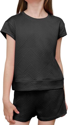 أطقم ملابس صيفية للفتيات مكونة من قطعتين، قميص بأكمام قصيرة وسروال قصير برباط in Kuwait