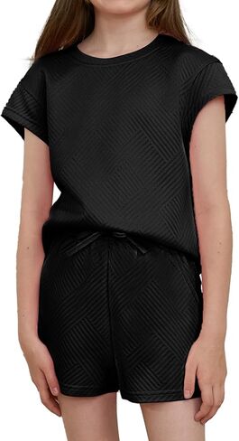 أطقم ملابس صيفية للفتيات مكونة من قطعتين، قميص بأكمام قصيرة وسروال قصير برباط in Kuwait