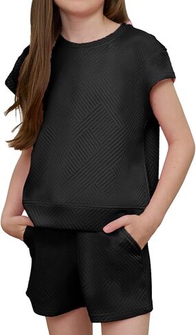 أطقم ملابس صيفية للفتيات مكونة من قطعتين، قميص بأكمام قصيرة وسروال قصير برباط in Kuwait