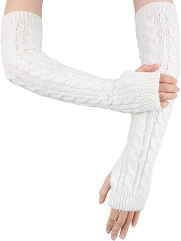 Prasacco 1 Pairs Arm Warmers, Long Fingerless Hand Warmer for Women Autumn Winter Knitted Arm Sleeve Warm Winter Sleeve Arm Warmers Fingerless Gloves for Women Adult(White) in Saudi Arabia