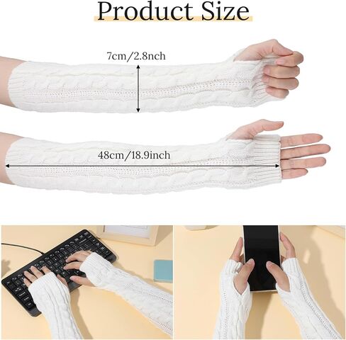 Prasacco 1 Pairs Arm Warmers, Long Fingerless Hand Warmer for Women Autumn Winter Knitted Arm Sleeve Warm Winter Sleeve Arm Warmers Fingerless Gloves for Women Adult(White) in Saudi Arabia