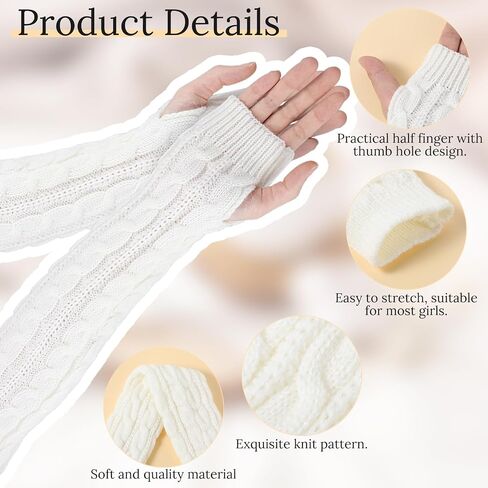 Prasacco 1 Pairs Arm Warmers, Long Fingerless Hand Warmer for Women Autumn Winter Knitted Arm Sleeve Warm Winter Sleeve Arm Warmers Fingerless Gloves for Women Adult(White) in Saudi Arabia