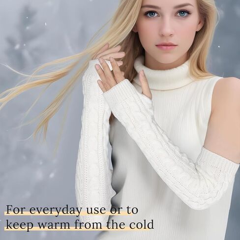 Prasacco 1 Pairs Arm Warmers, Long Fingerless Hand Warmer for Women Autumn Winter Knitted Arm Sleeve Warm Winter Sleeve Arm Warmers Fingerless Gloves for Women Adult(White) in Saudi Arabia