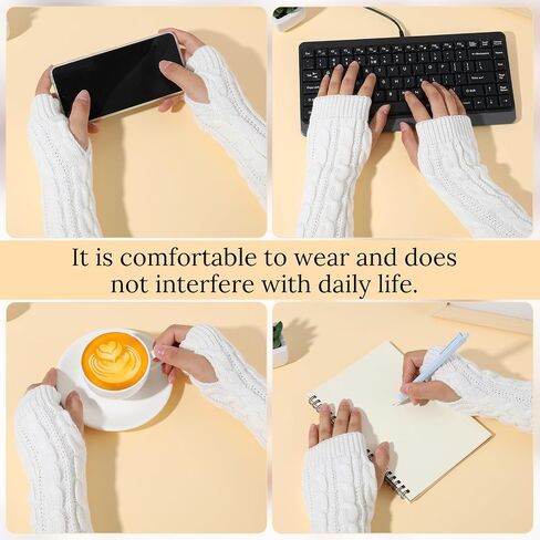 Prasacco 1 Pairs Arm Warmers, Long Fingerless Hand Warmer for Women Autumn Winter Knitted Arm Sleeve Warm Winter Sleeve Arm Warmers Fingerless Gloves for Women Adult(White) in Saudi Arabia