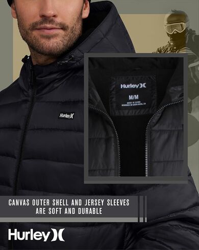 Hurley Men's Quilted Puffer Jacket - Lightweight Hooded Fleece Lined Packable Puffer Jacket - Outdoor Jackets for Men (S-XL) in Saudi Arabia