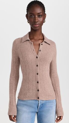 Women's Cashmere Ribbed Button Up Polo in Saudi Arabia