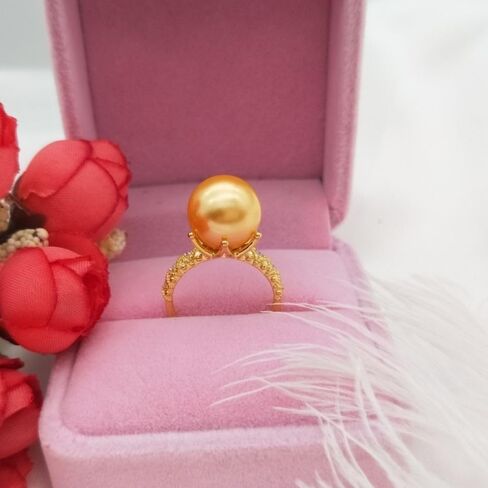925 Sterling Silver Shiny Mother Shell Pearl 6 Claws AAA Zircon Ring Round Pearl Ring Platter Pearl Temperament Ring Ring Oversized Pearl Open Ring Engagement Wedding Anniversary Ring（Yellow) in Saudi Arabia