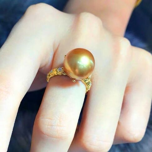 925 Sterling Silver Shiny Mother Shell Pearl 6 Claws AAA Zircon Ring Round Pearl Ring Platter Pearl Temperament Ring Ring Oversized Pearl Open Ring Engagement Wedding Anniversary Ring（Yellow) in Saudi Arabia