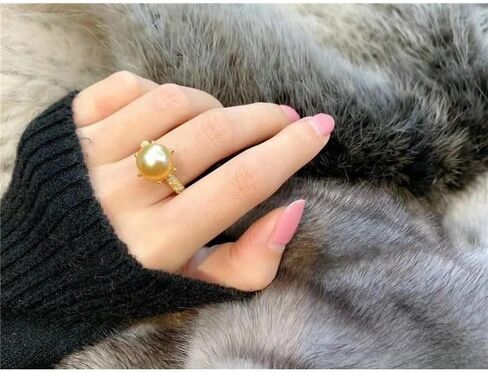 925 Sterling Silver Shiny Mother Shell Pearl 6 Claws AAA Zircon Ring Round Pearl Ring Platter Pearl Temperament Ring Ring Oversized Pearl Open Ring Engagement Wedding Anniversary Ring（Yellow) in Saudi Arabia