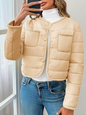 Cicy Bell Womens Cropped Puffer Jackets Quilted Lightweight Collarless Button Down Warm Winter Coats with Pockets in Saudi Arabia