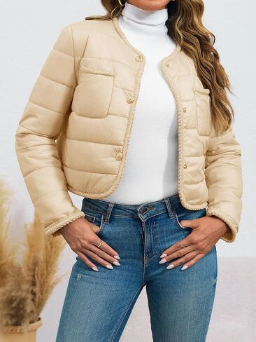 Cicy Bell Womens Cropped Puffer Jackets Quilted Lightweight Collarless Button Down Warm Winter Coats with Pockets in Saudi Arabia