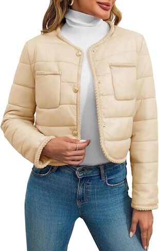 Cicy Bell Womens Cropped Puffer Jackets Quilted Lightweight Collarless Button Down Warm Winter Coats with Pockets in Saudi Arabia