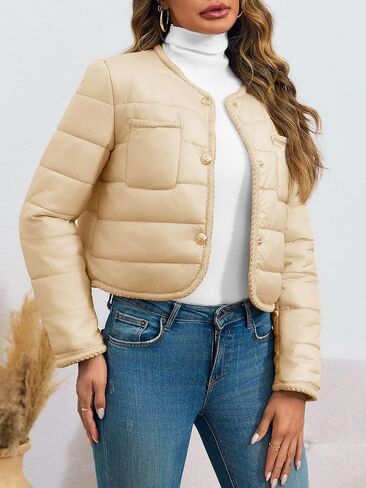 Cicy Bell Womens Cropped Puffer Jackets Quilted Lightweight Collarless Button Down Warm Winter Coats with Pockets in Saudi Arabia