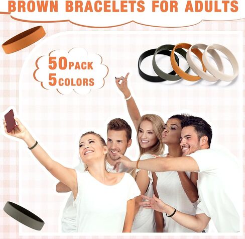 50 Pack Silicone Rubber Bracelets Rubber Wristbands Bulk Adults Rubber Bands Solid Color Plain Silicone Bracelets for Men Women Identification Event Party Favors Gifts Decorations (Brown) in Kuwait