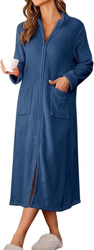 Ekouaer Women Zipper Robe Fleece Long Sleeves Bathrobe Sleepwear Warm Soft Housecoat with Pockets Zip Up House Dresses in Saudi Arabia