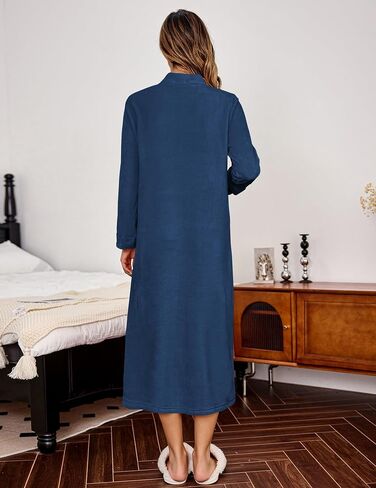 Ekouaer Women Zipper Robe Fleece Long Sleeves Bathrobe Sleepwear Warm Soft Housecoat with Pockets Zip Up House Dresses in Saudi Arabia