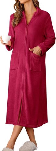 Ekouaer Women Zipper Robe Fleece Long Sleeves Bathrobe Sleepwear Warm Soft Housecoat with Pockets Zip Up House Dresses in Saudi Arabia