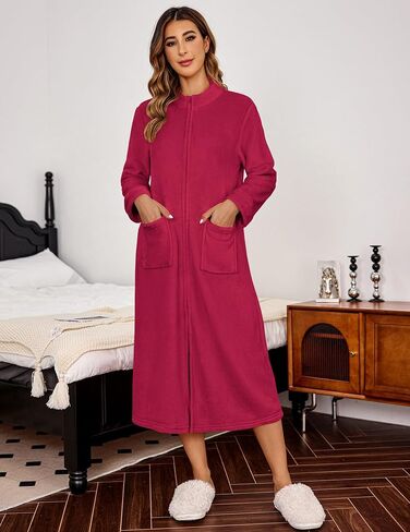 Ekouaer Women Zipper Robe Fleece Long Sleeves Bathrobe Sleepwear Warm Soft Housecoat with Pockets Zip Up House Dresses in Saudi Arabia