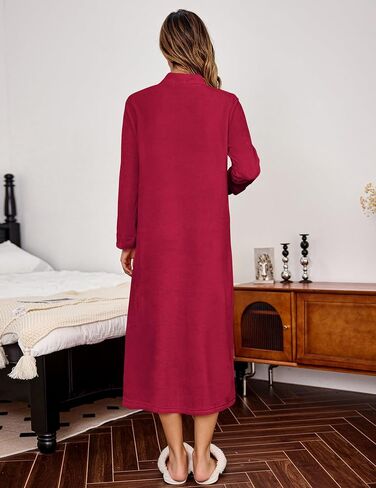 Ekouaer Women Zipper Robe Fleece Long Sleeves Bathrobe Sleepwear Warm Soft Housecoat with Pockets Zip Up House Dresses in Saudi Arabia