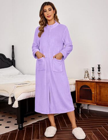 Ekouaer Women Zipper Robe Fleece Long Sleeves Bathrobe Sleepwear Warm Soft Housecoat with Pockets Zip Up House Dresses in Saudi Arabia