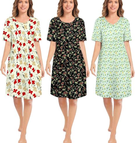 مجموعة من 3 قمصان نوم نسائية، قمصان نوم ناعمة للنساء، فستان بأكمام قصيرة، ملابس نوم (S-3X) in Kuwait