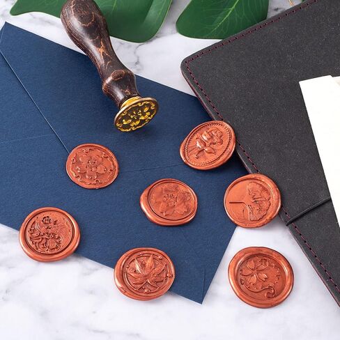 طقم طوابع ختم الشمع، 8 قطع، طوابع شمع نحاسية ذهبية اللون، رأس ومقبض خشبي، وردة ذهبية وكرز وزهرة القيقب لحفلات الزفاف والهالوين وعيد الميلاد وعيد الحب وتغليف بطاقات الدعوات in Saudi Arabia