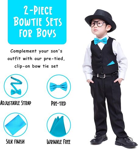 Oliver George Boys Child Kids Bow Ties Solid Color Adjustable Pre Tied Clip-On Bow Tie Handkerchief Set in Saudi Arabia