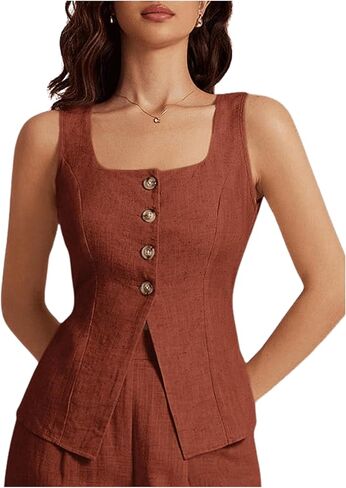 SHENHE Women's Linen Square Neck Button Up Tank Top Dressy Summer Vest Sleeveless Top in Saudi Arabia