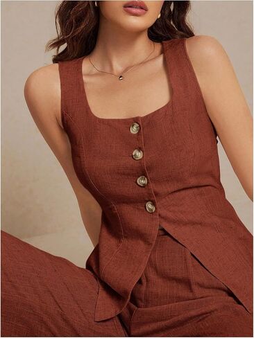 SHENHE Women's Linen Square Neck Button Up Tank Top Dressy Summer Vest Sleeveless Top in Saudi Arabia