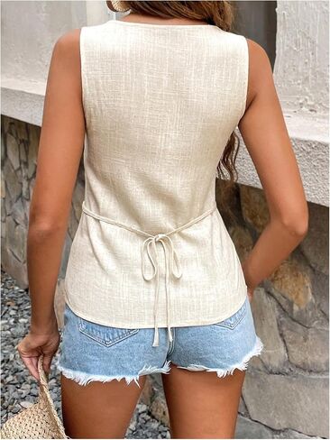SHENHE Women's Linen Square Neck Button Up Tank Top Dressy Summer Vest Sleeveless Top in Saudi Arabia