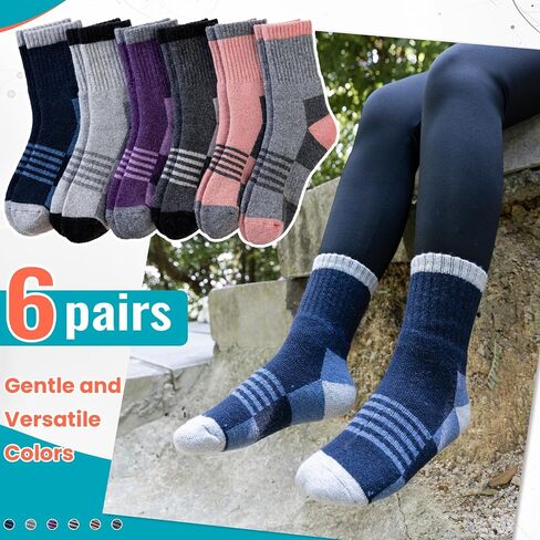 جوارب Velice Kids Merino من الصوف للتنزه سيرًا على الأقدام للأطفال الصغار والأولاد والبنات، جوارب شتوية دافئة سميكة ودافئة، 6 أزواج in Saudi Arabia