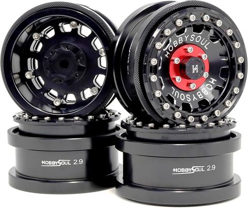 HOBBYSOUL 4 Rims 2.9 Beadlock Wheels, 8mm Negative Offset 2.9 Wheels Hex 17mm Rims Black Silver Color For 1/6 RC Mud Crawler Truck Axial SCX6 Trail Upgrade Parts, (4-Pack) in Kuwait