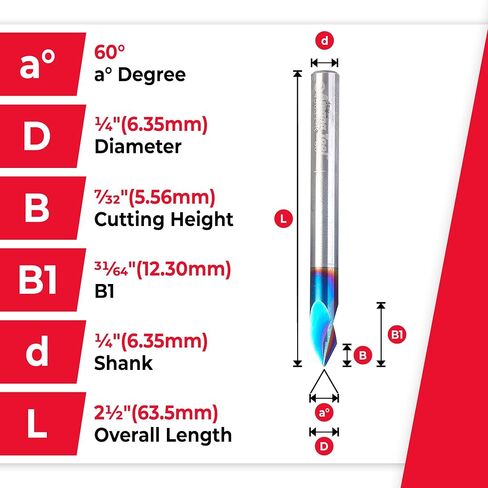 لقمة توجيه من Amana Tool Spektra Extreme Tool Life مصنوعة من الكربيد الصلب على شكل حرف V، 45624-K، 60 درجة × 1/4 عمق × 7/32 قناة × 1/4 بوصة ساق 3 فلوت in Kuwait