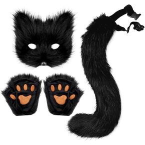 Furry Fox Cat Mask Wolf Tail and Fingerless Faux Fur Paw Gloves Set for Women Halloween Costume Accessories