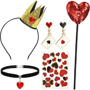 U-Goforst Queen Costume Accessories, Red Hearts Crown Headband Wand Necklaces Earrings Glitter Tattoo Stickers Set for Adult Women, Halloween Party Cosplay Set