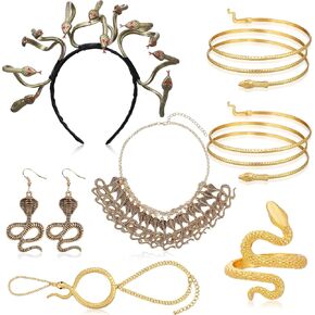 Kathfly 7 Pcs Halloween Medusa Snake Costume Set Medusa Headband Snake Choker Necklace Earrings Spiral Upper Arm Cuff Ring Hand Chain for Women Accessories