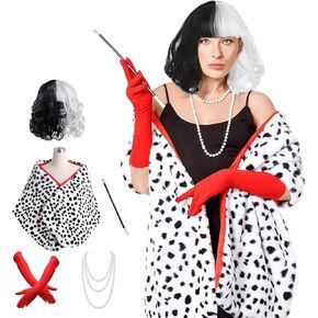 7 Pack Halloween Costume Women with Dalmatian Shawl Scarf, Black and White Wig, Red Gloves, Necklace Accessories Fancy Dress Costume in Saudi Arabia