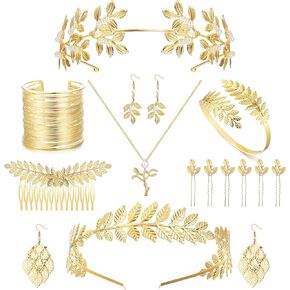 FASACCO 16 Pcs Greek Goddess Costume Accessories Women Toga Costume Jewelry Golden Leaves Crown Headband Necklace Pearl Earrings Coil Bracelet Hair Comb Greek Goddess Headpiece for Women Wedding Party