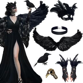 Mepase 6 Pcs Halloween Crow Feather Costume for Women, Include Crow Bird Model, Black Feather Shawl with Nature Feather Cuffs, Medieval Cloak Suit, Lace Choker Gothic Necklace, Crow Skull Viking Ring
