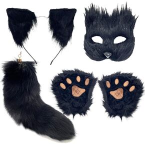 Therian Mask and Tail Set Cat Mask Tail Cosplay Fox Mask Wolf Tail cat ears therian paws for women Halloween