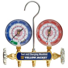 Yellow Jacket 42021 Manifold Only with 3-1/8" Color-Coded Gauges, bar/psi, R-410A (Clamshell)