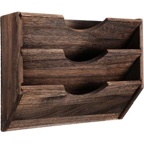 3 Pockets Wood Wall File Holder Hanging Wall File Organizer for Office Rustic Paper Mail Organizer Wall Mounted Storage Rack for Home Documents Magazine Literature File Folders, Brown