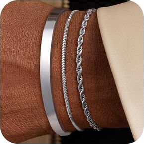3 Pcs Chain Braclet for Men, Dainty Stackable Sterling Silver Bracelet for Men Non Tanish Simple Cuff Snake Rope Link Chain Bangle Bracelet Set for Mens Jewelry 6.5/7/7.5/8/8.5/9 Inches