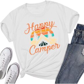 Happy Camper Shirts for Women Cute Graphic Tees Novelty Tops Summer Casual Short Sleeve Letter Printed T Shirts