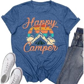 Happy Camper Shirts for Women Cute Graphic Tees Novelty Tops Summer Casual Short Sleeve Letter Printed T Shirts