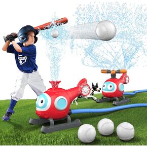 2 in 1 Outdoor Water Sprinkler Baseball for Kids, Backyard Summer Water Sprinkler Toy for Toddler, Outside Spining Water Sprinkler T Ball Set with 2 Modes, Helicopter Water Park Gift for Children