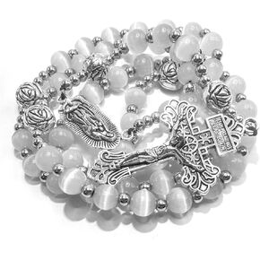 rosary beads catholic for Women,Rosary Necklace for women and men with medal & cross,Rosary white stone beads with stainless steel beads and St.Benedict metal beads.